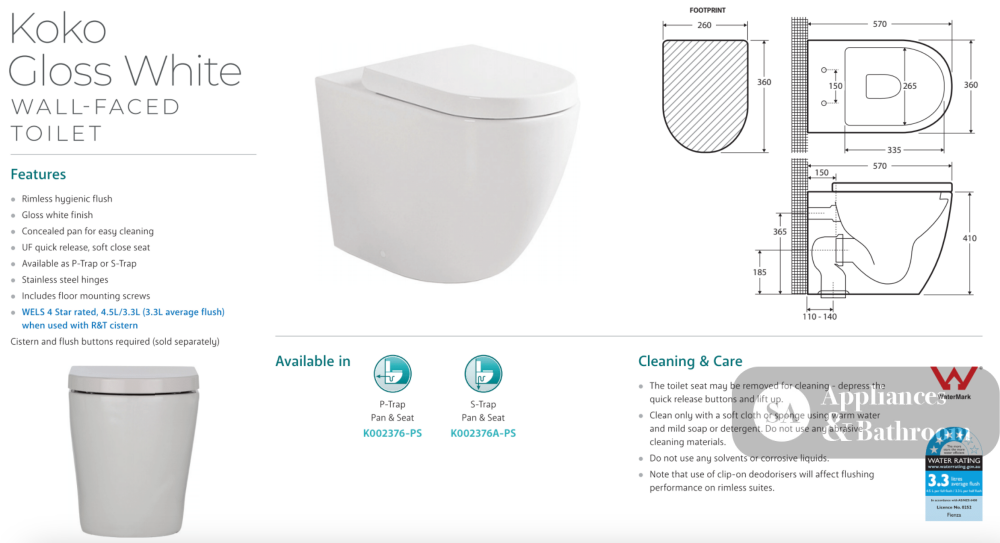 Fienza K002376-PS Koko Gloss White Wall-Faced Toilet Suite - In Wall Toilets
