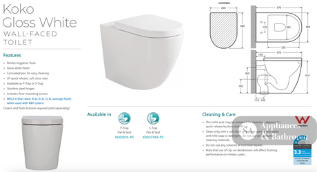 Fienza K002376-PS Koko Gloss White Wall-Faced Toilet Suite - In Wall Toilets