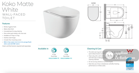 Fienza K002376MW-PS Koko Matte White Wall-Faced Toilet Suite P-Trap - In Wall Toilets