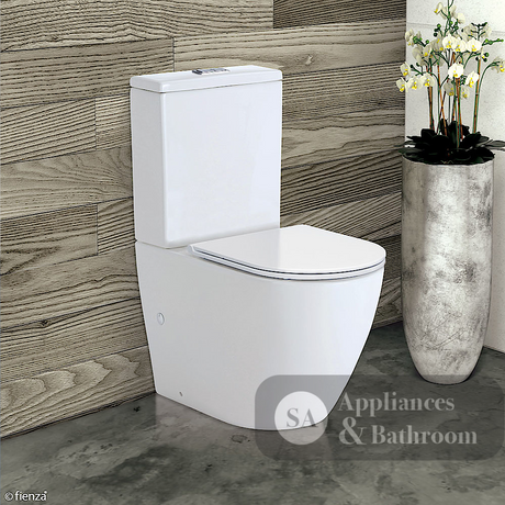 Fienza K002A-2 Koko Rimless Thin Seat S-Trap 90-160mm Back to Wall Toilet White - Chrome Buttons - Toilet Suites