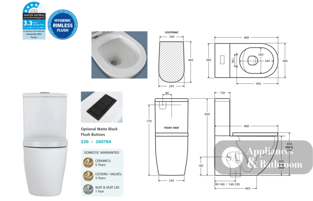 Fienza K002A Koko S-Trap 90-160mm Toilet Suite White - Chrome Buttons - Toilet Suites