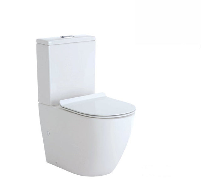 Fienza K002B-2 Koko Rimless Thin Seat S-Trap 160-230mm Back to Wall Toilet White - Chrome Buttons - Toilet Suites