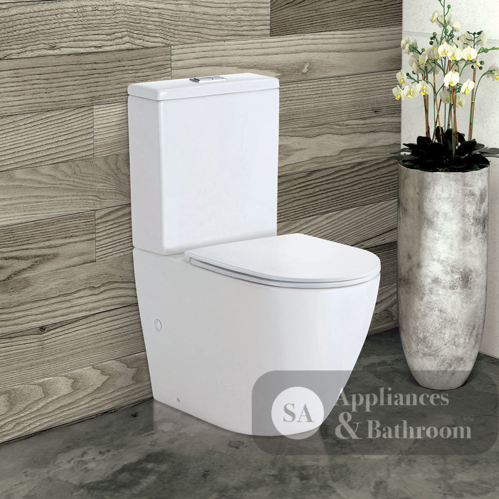 Fienza K002B-2 Koko Rimless Thin Seat S-Trap 160-230mm Back to Wall Toilet White - Chrome Buttons - Toilet Suites