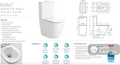Fienza K002B-2 Koko Rimless Thin Seat S-Trap 160-230mm Back to Wall Toilet White - Chrome Buttons - Toilet Suites