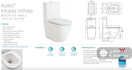 Fienza K002MWA Koko S Trap 90-160mm Toilet Suite Matte White - Toilet Suites