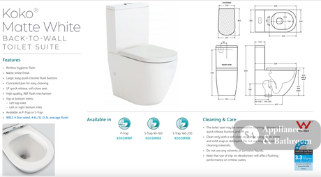 Fienza K002MWB Koko S Trap 160-230mm Toilet Suite Matte White - Toilet Suites