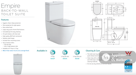 Fienza K003B Empire S-Trap 160-230mm Toilet Suite - Toilet Suites