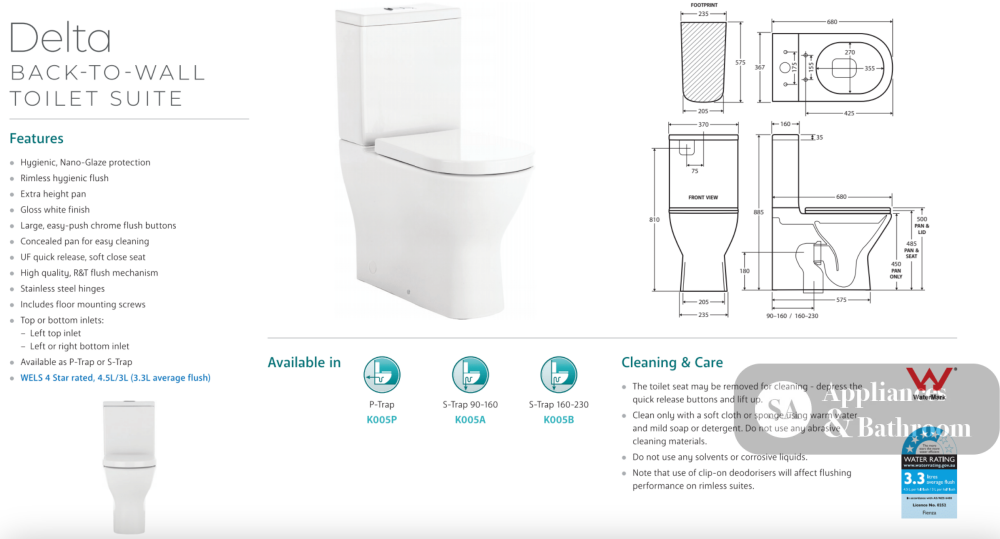Fienza K005A Delta S-Trap 90-160mm Toilet Suite White - Chrome Buttons - Toilet Suites