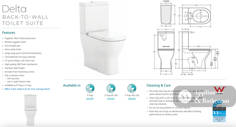 Fienza K005A Delta S-Trap 90-160mm Toilet Suite White - Chrome Buttons - Toilet Suites