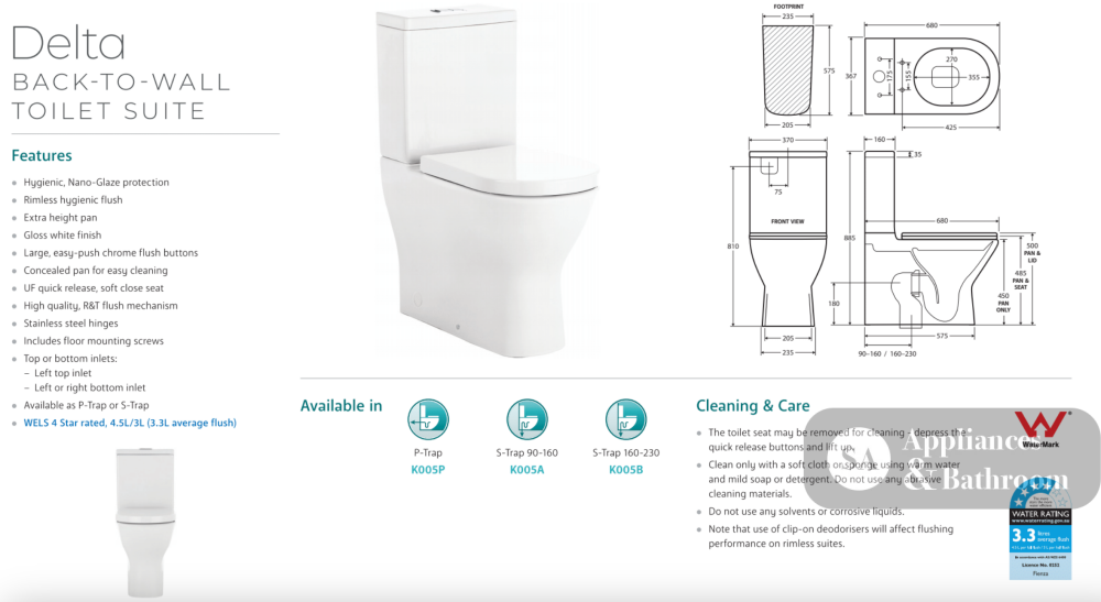 Fienza K005B Delta S-Trap 160-230mm Toilet Suite White - Chrome Buttons - Toilet Suites