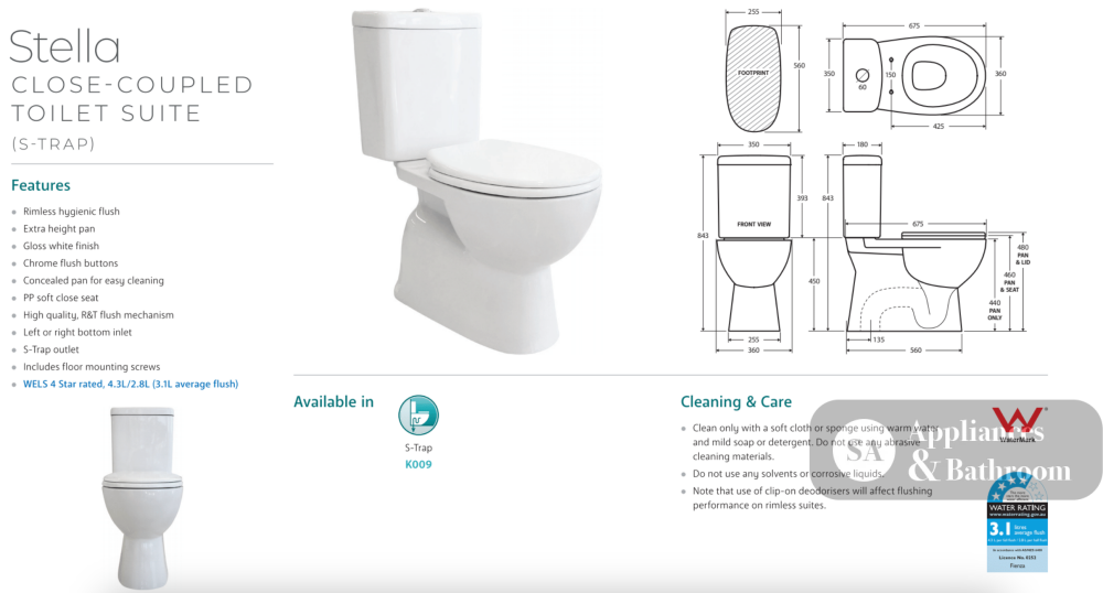 Fienza K009 Close Coupled Stella S-Trap Rimless Toilet White - Toilet Suites