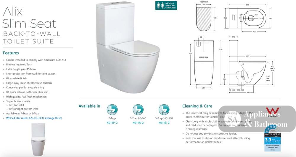 Fienza K011A-2 Alix Extended Height S Trap 90-160 Slim Seat Toilet White - Toilet Suites