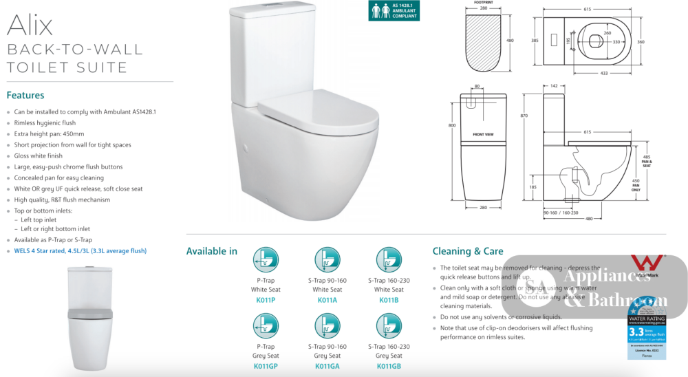 Fienza K011A Alix Extended Height S-Trap 90-160mm Toilet Suite White - Toilet Suites