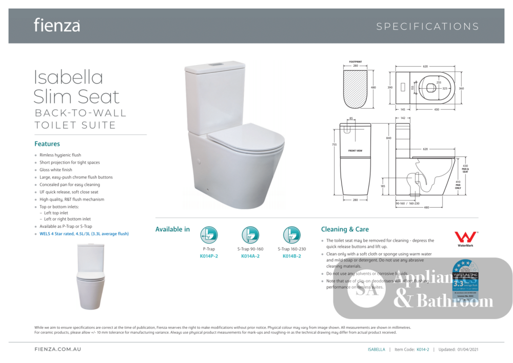 Fienza K014A-2 Isabella Slim Seat S-Trap 90-160mm Toilet Suite White - Toilet Suites