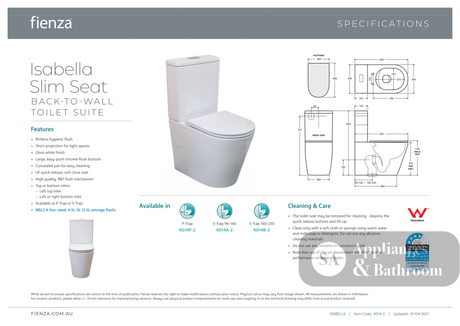 Fienza K014B-2 Isabella Slim Seat S-Trap 160-230mm Toilet Suite White - Toilet Suites
