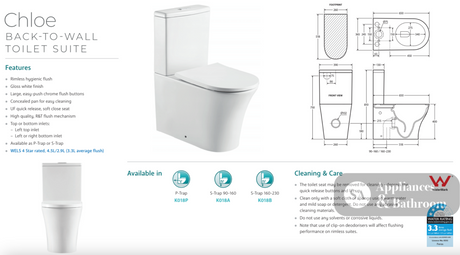 Fienza K018A Chloe S-Trap 90-160mm Back to Wall Toilet White - Toilet Suites