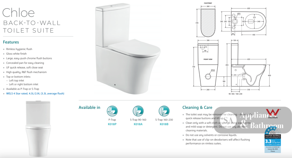 Fienza K018P Chloe Back to Wall P-Trap Toilet White - Toilet Suites