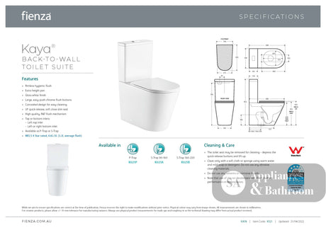 Fienza K021A Kaya Back to Wall S Trap 90-160mm Toilet White - Toilet Suites