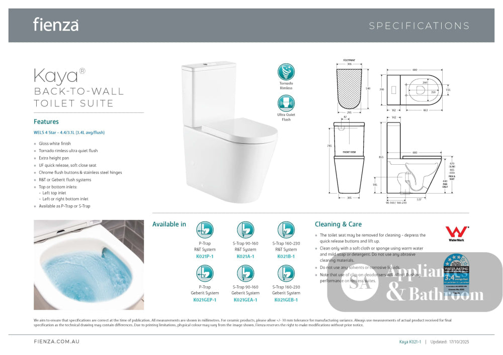 Fienza K021GEA Geberit Kaya Tornado Back to Wall Toilet Suite Slim Seat S Trap 90-160 Gloss White - Toilet Suites