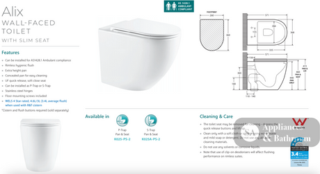 Fienza K025-PS-2 Alix Ambulant Wall-Faced Toilet Suite Slim Seat P-Trap - In Wall Toilets