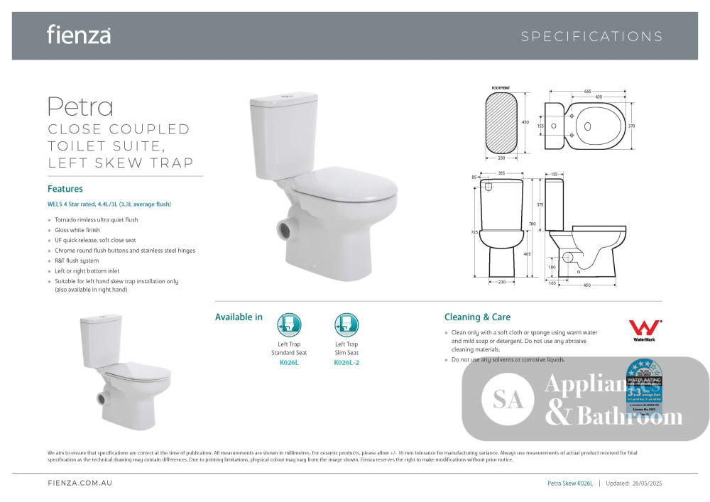 Fienza K026L Petra Close-Coupled Toilet Suite Left Skew Trap Gloss White - Closed Coupled Suites