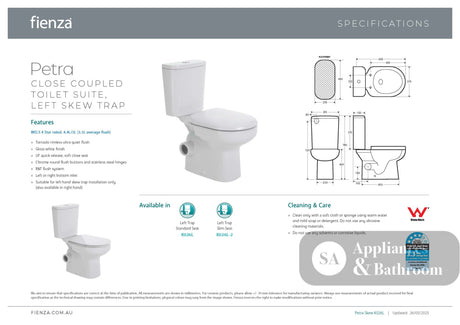 Fienza K026L Petra Close-Coupled Toilet Suite Left Skew Trap Gloss White - Closed Coupled Suites