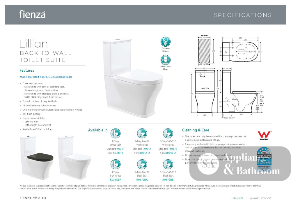 Fienza K031GBB Lillian Tornado Back To Wall Toilet Suite S Trap 160-230mm R&T Cistern Gloss White with Gloss Black Seat