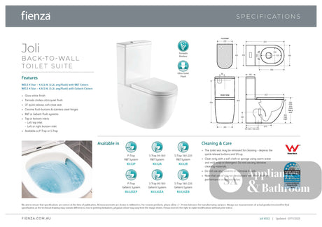 Fienza K032GEB-2 Geberit Joli Tornado Back to Wall Toilet Suite Slim Seat S Trap 160-230 Gloss White - Toilet Suites
