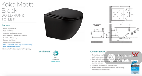 Fienza K2376MB-PS Koko Matte Black Wall-Hung Toilet Suite - In Wall Toilets