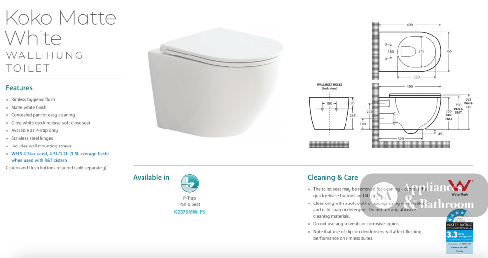Fienza K2376MW-PS Koko Matte White Wall-Hung Toilet Suite - In Wall Toilets