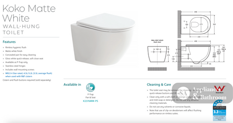 Fienza K2376MW-PS Koko Matte White Wall-Hung Toilet Suite - In Wall Toilets