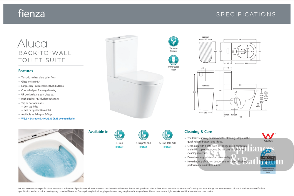 Fienza K314A Aluca Tornado Flush Back-to-Wall Toilet Suite - Toilet Suites