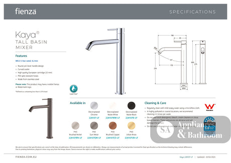 Fienza Kaya 228107B-LF Matte Black Tall Basin Mixer - Basin Mixers