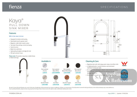 Fienza Kaya 228109-LF Pull Down Mixer Tap Chrome - Kitchen Mixer Taps