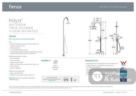 Fienza Kaya 455190 Floor Mounted Outdoor Twin Shower 316 Brushed Stainless Steel - Twin Showers