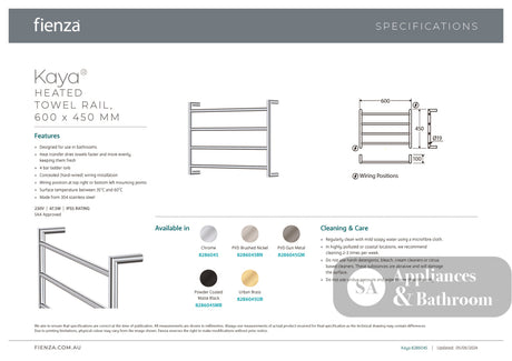 Fienza Kaya 8286045MB Heated Towel Rail 600 x 450mm Matte Black - Bathroom Accessories