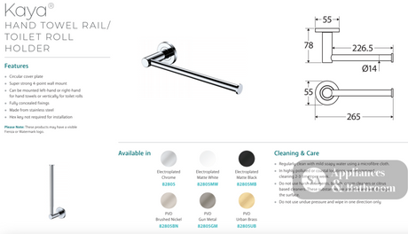 Fienza Kaya Hand Towel Rail / Roll Holder 82805 Chrome - Towel Rail
