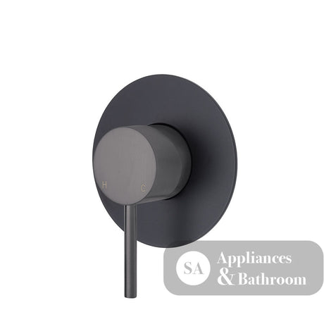 Fienza Kaya Large Round Plate Wall Mixer - Gunmetal Grey - Gunmetal Grey / Matte Black Backplate - Wall Mixer