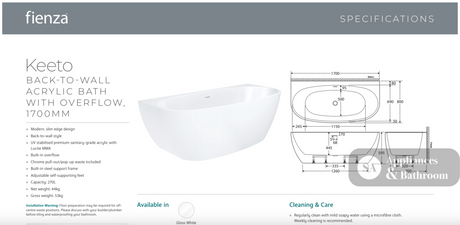 Fienza Keeto Back-to-wall Acrylic Bath 1700mm - Gloss White - Back To Wall Bath