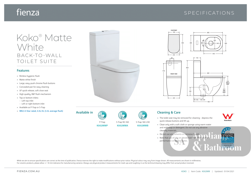Fienza Koko Back-to-Wall Suite - Matte White - Back to Wall Suites