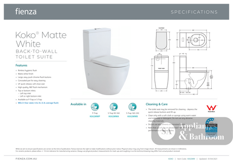 Fienza Koko Back-to-Wall Suite - Matte White - Back to Wall Suites