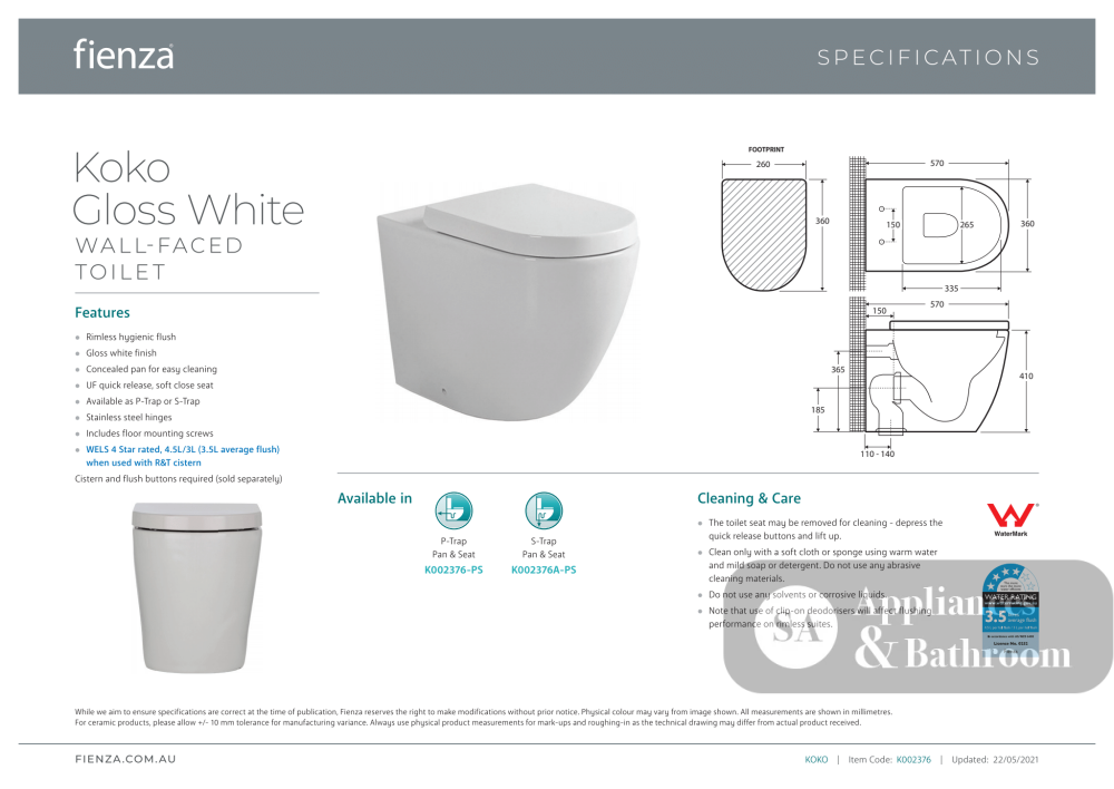 Fienza Koko Wall-Faced Suite - Gloss White - Wall Faced Suite