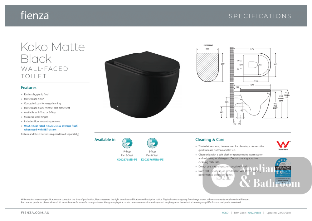 Fienza Koko Wall-Faced Suite - Matte Black - Wall Faced Suite