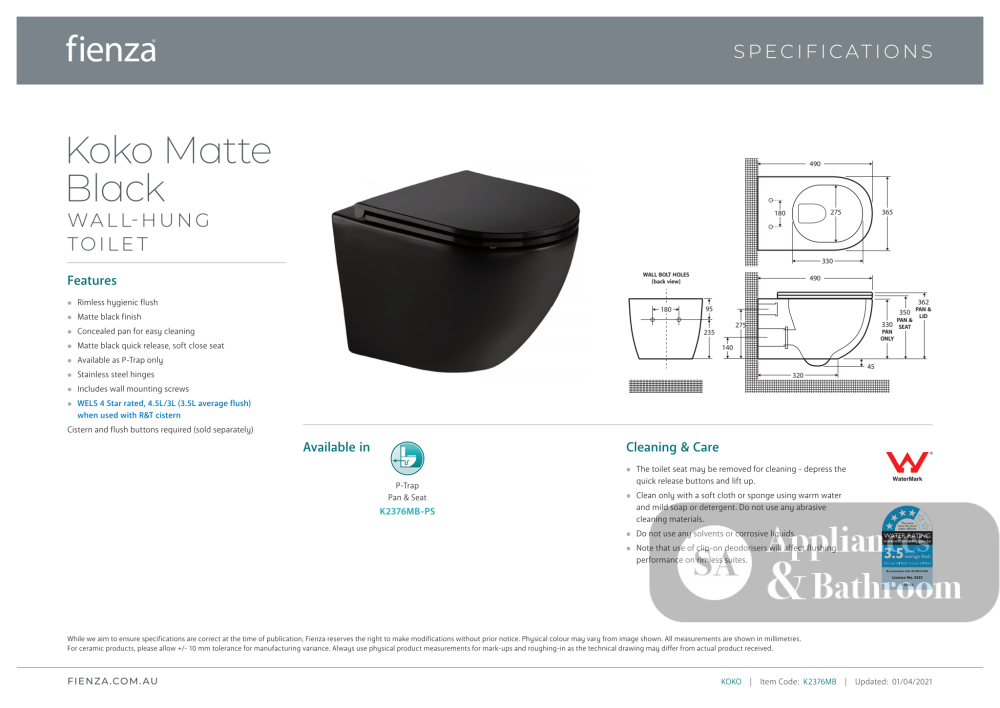 Fienza Koko Wall-Hung Suite - Matte Black - Wall Hung Suite