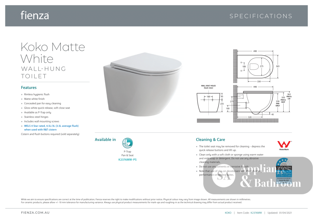 Fienza Koko Wall-Hung Suite - Matte White - Wall Hung Suite