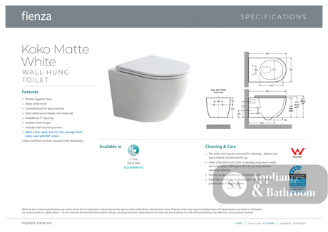 Fienza Koko Wall-Hung Suite - Matte White - Wall Hung Suite