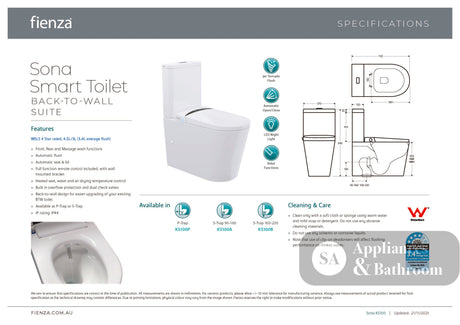 Fienza KS100B Sona Smart Toilet & Bidet S-Trap 160-230 White - Toilet Suites