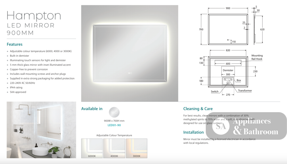 Fienza LED01-90 Hampton LED Mirror 900 x 700 mm - Mirrors