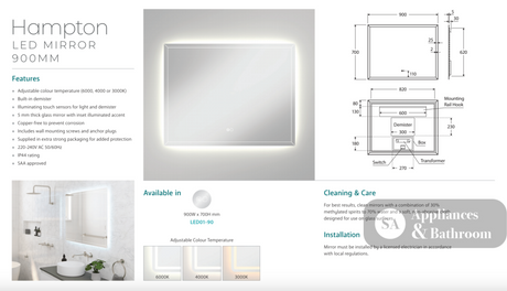 Fienza LED01-90 Hampton LED Mirror 900 x 700 mm - Mirrors
