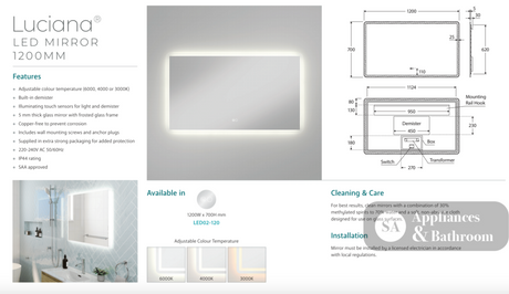 Fienza LED02-120 Luciana LED Mirror 1200 x 700 mm - Mirrors